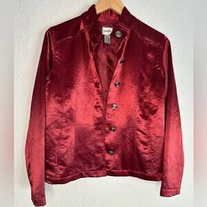 Chico’s Silky Burgundy Jacket Size 1 Medium Button Front Bomber Y2K Fall Holiday